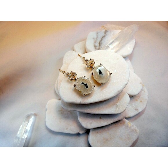 Solar Eye Quartz Water Clear Herkimer Diamond Sterling Silver Dangle Earrings - Picture 6 of 8